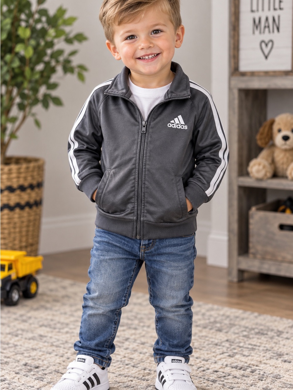 adidas Kids Charcoal Track Jacket with White Stripes